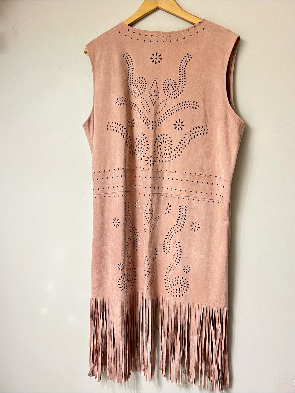 Dusty Rose Suede Fringe Laser Cut Vest Dress - Picture 8 of 10